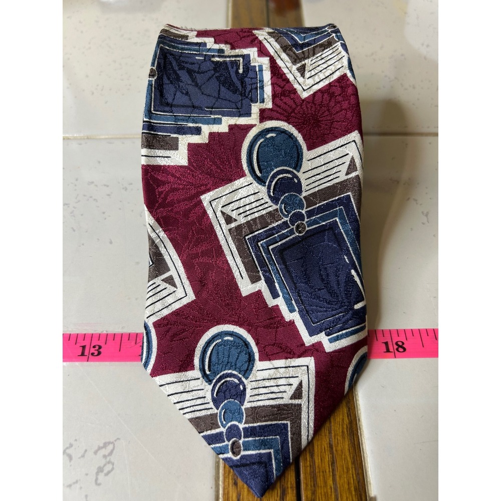 Oscar de la Renta Mens Silk‎ Geometric Pattern Burgundy Blue Tie